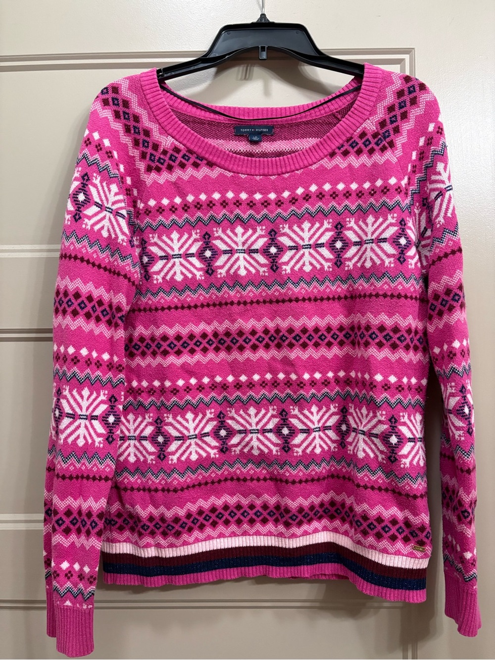 Hot Pink Fair Isle Scoopneck Sweater with White & Navy Accents